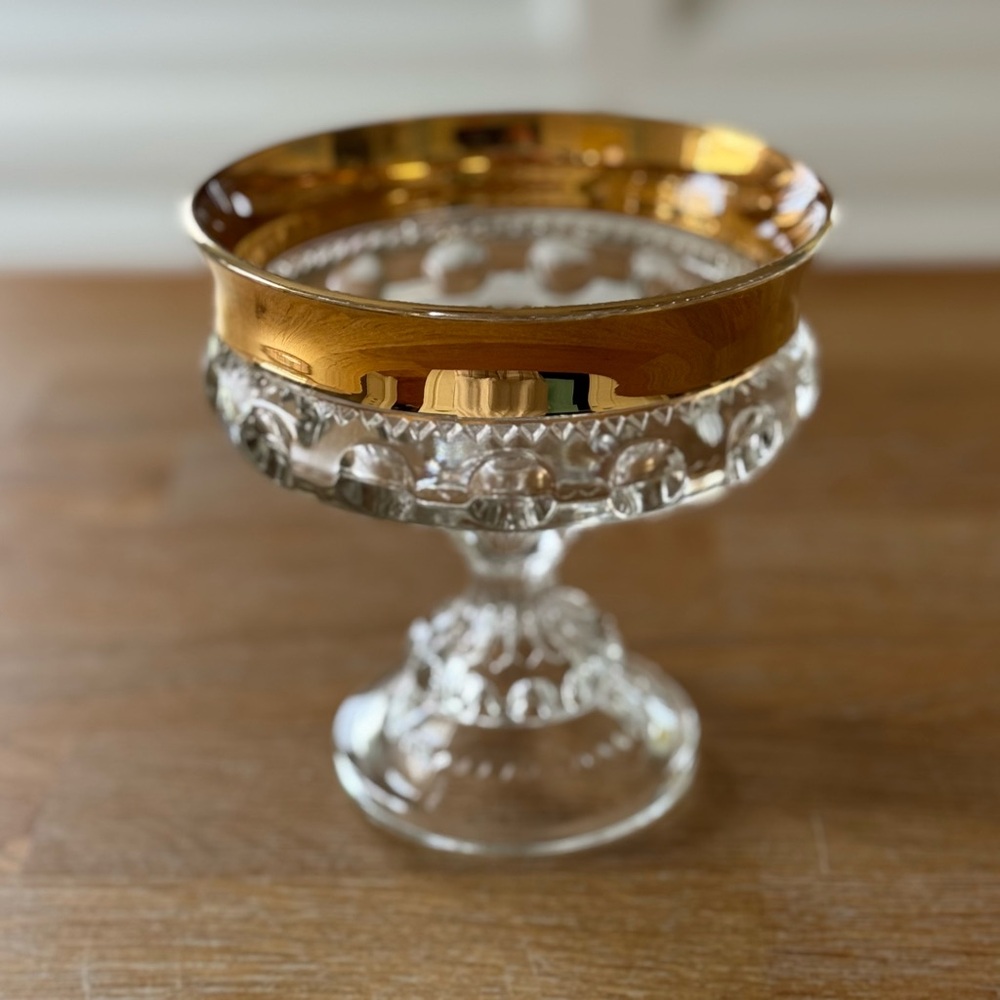 Indiana Glass “Kings Crown” Thumbprint Compote | Gold Rim | 1950s Vintage | HTF